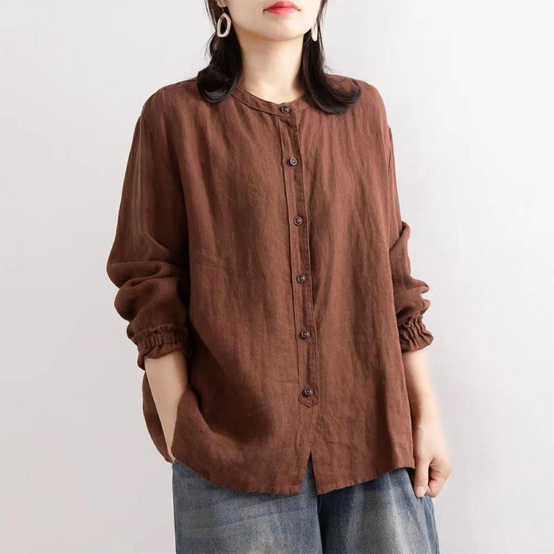 Cotton Linen Shirt Literary and Retro Style Women's Loose Round Neck Shirt Casual Thin Coat Close-up Sleeve Top Spring and Autumn