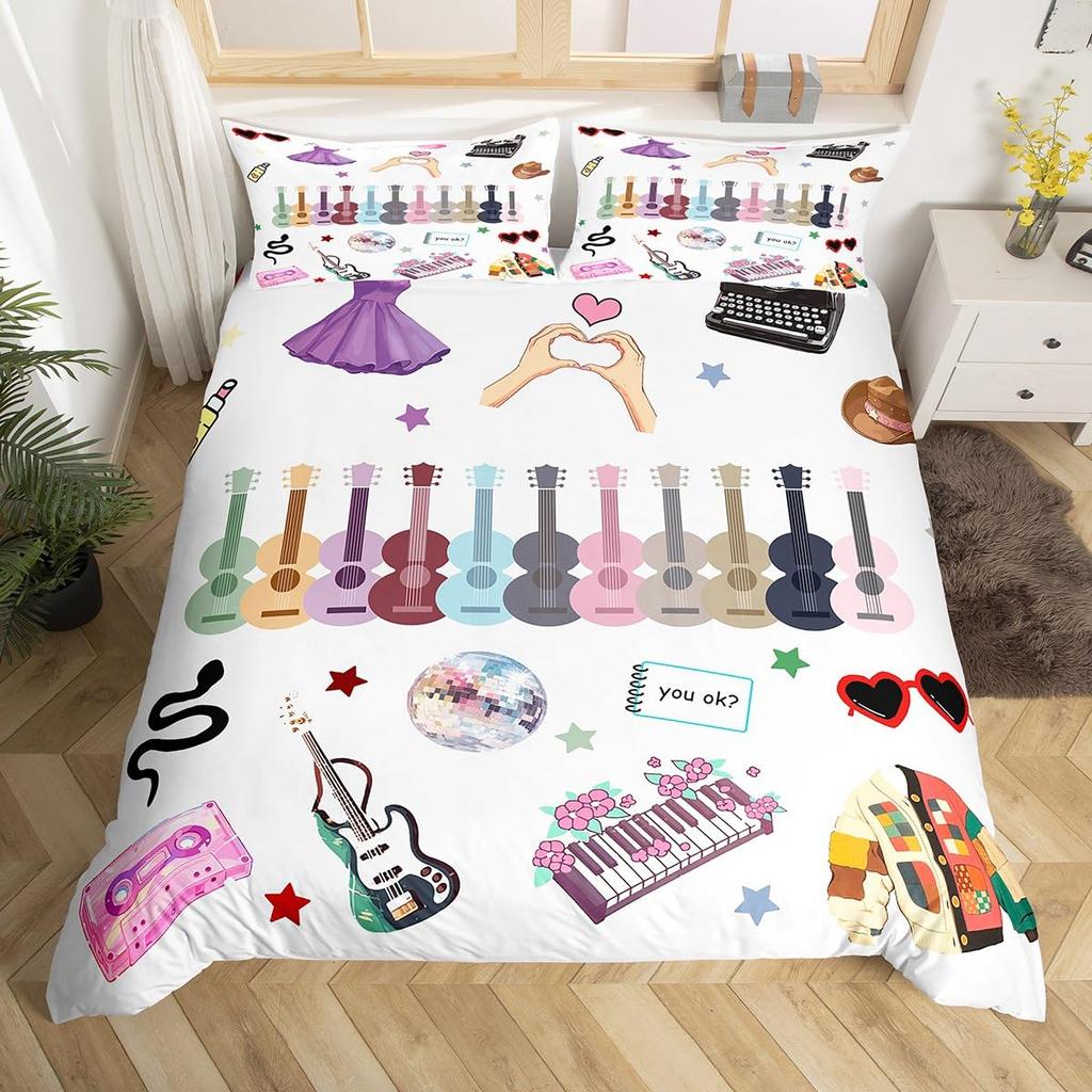 Music Fans Print Duvet Cover Twin Full Music Theme Comforter Cover Singer Fan White Bedding Set for Birthday Valentines Day Gift