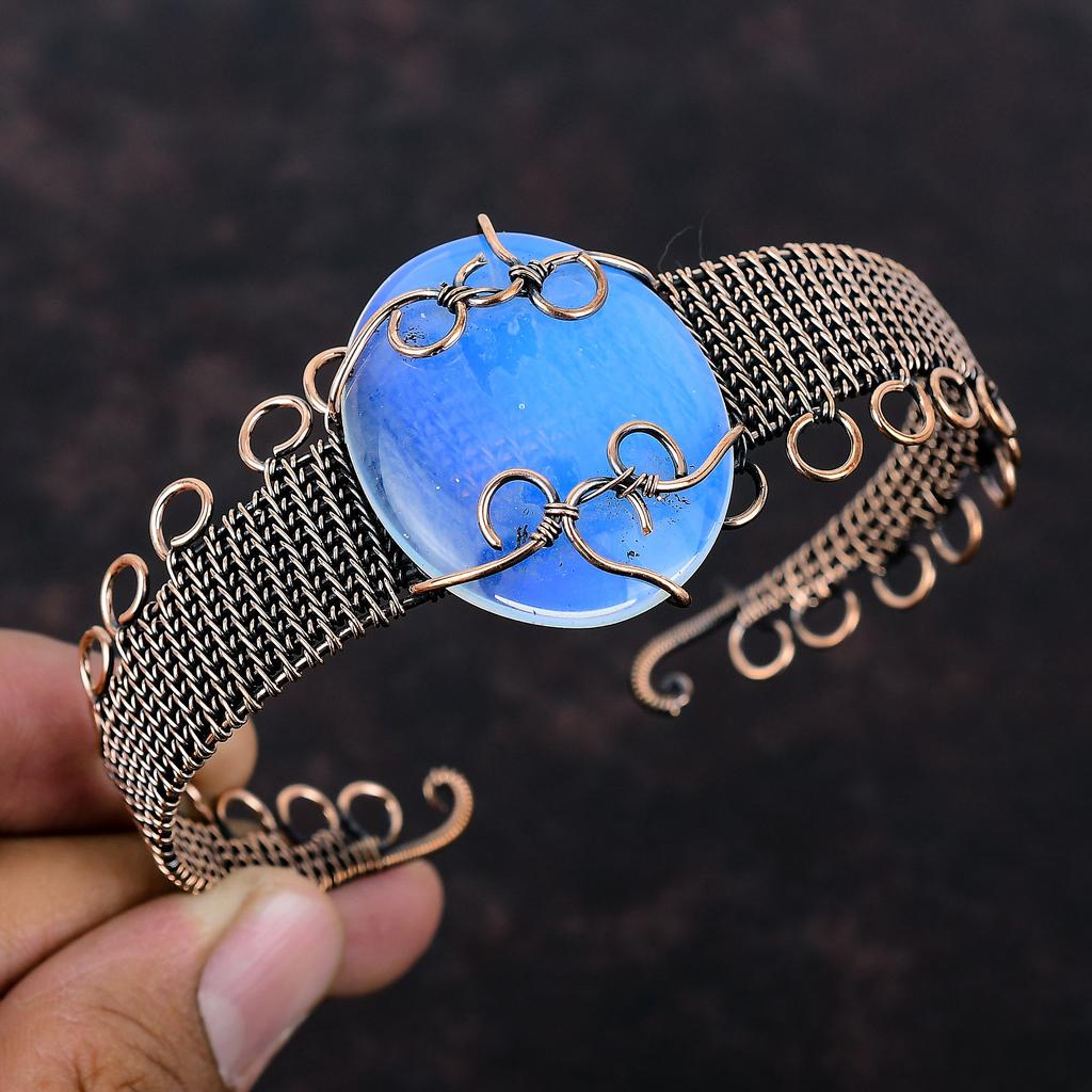 Milky Opal Manschettenarmband Kupferdraht gewickelt Armreif Milky Opal Edelstein Schmuck Verstellbares Manschettenarmband Kupferdraht Schmuck handgemachter Armreif