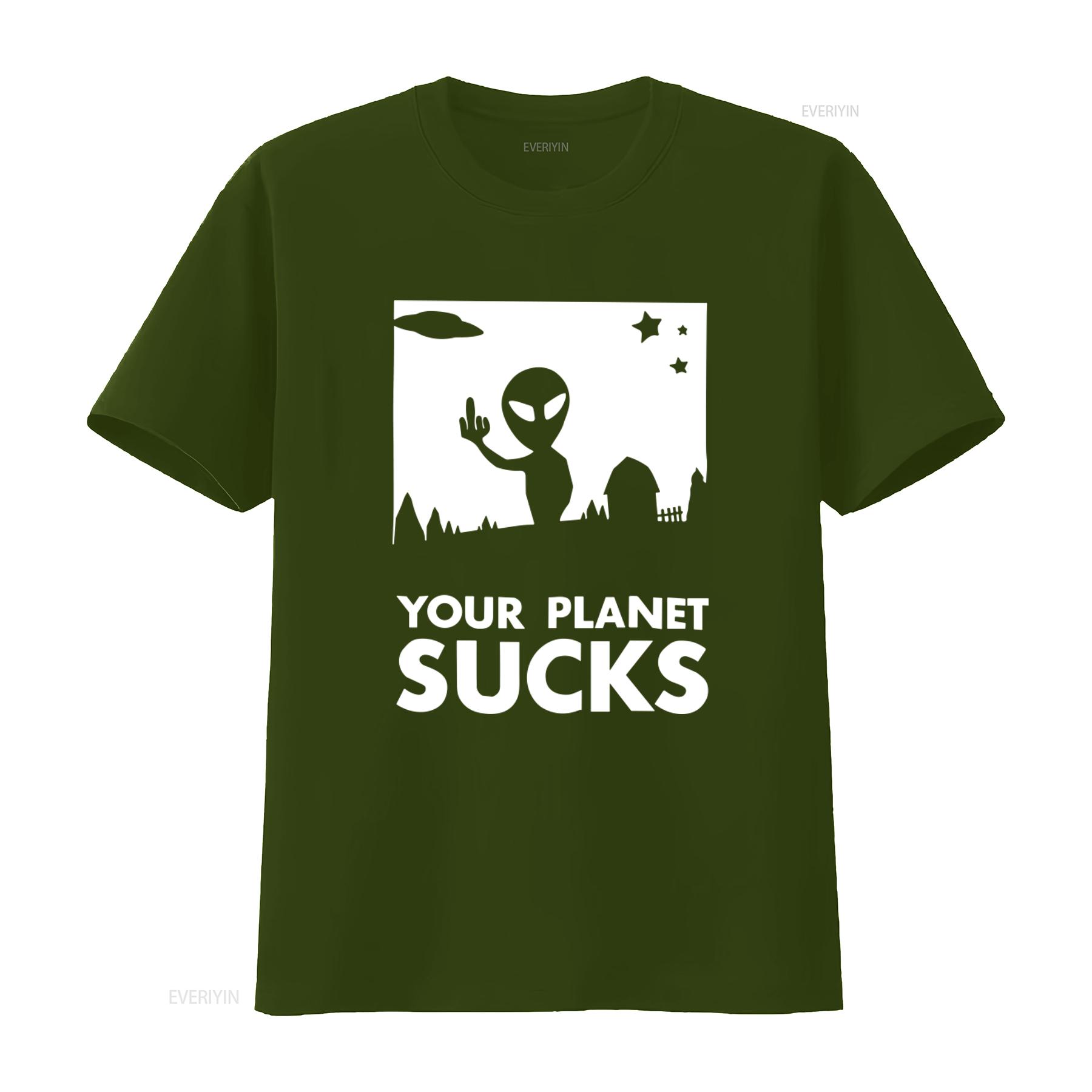 

Mens Your Planet Sucks Alien UFO Print T Shirt Unique Design for Space Lovers vintage Washed graphic streetwear Comfortable 4XL