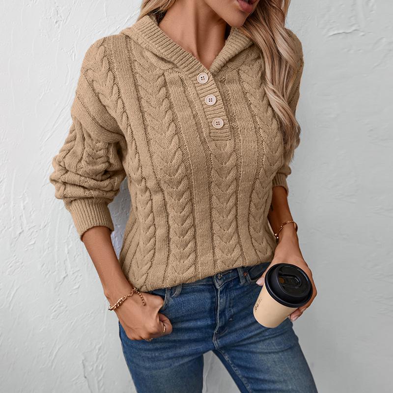 GMXIA Sweter damski z kapturem Jesień i Zima Luźny Pulower Jednolity Kolor Dzianinowy Sweter ze Splotem Warkoczowym dla Kobiet