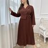 Plus Size French Lapel Long Sleeve Pleated Dress - Elegant Waist-Cinching Design