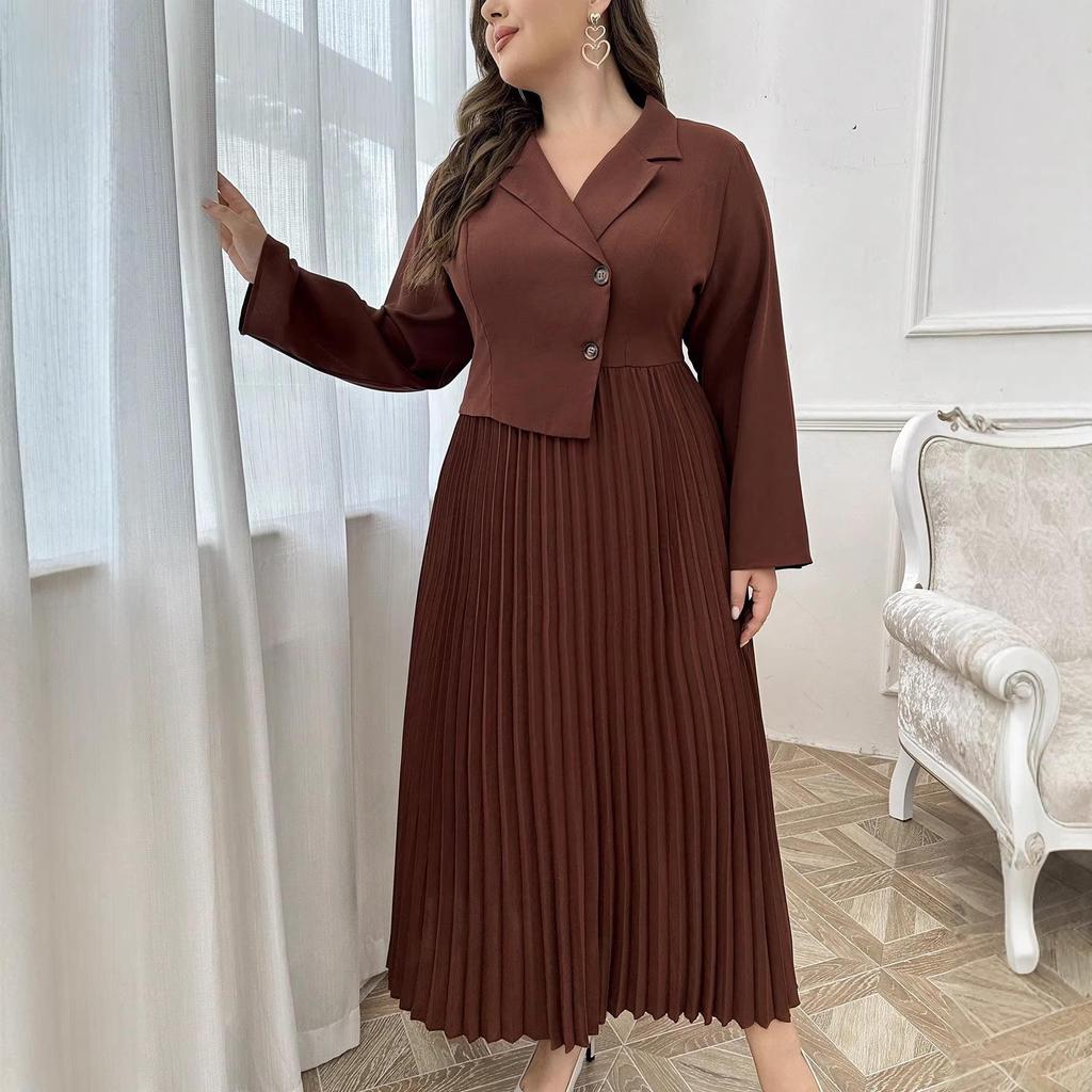 Plus Size French Lapel Long Sleeve Pleated Dress - Elegant Waist-Cinching Design