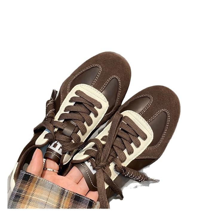 20255 Spring and Autumn New Lace-up Color Matching Round Head Versatile Comfortable Casual Leather Board Shoes Heightening German Training Shoes Women