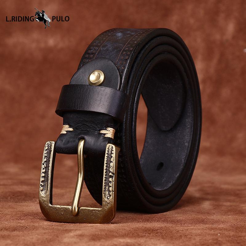 Retro Personality Embossed Matte Leather Belt Men's First Layer Cowhide Casual Jeans Belt