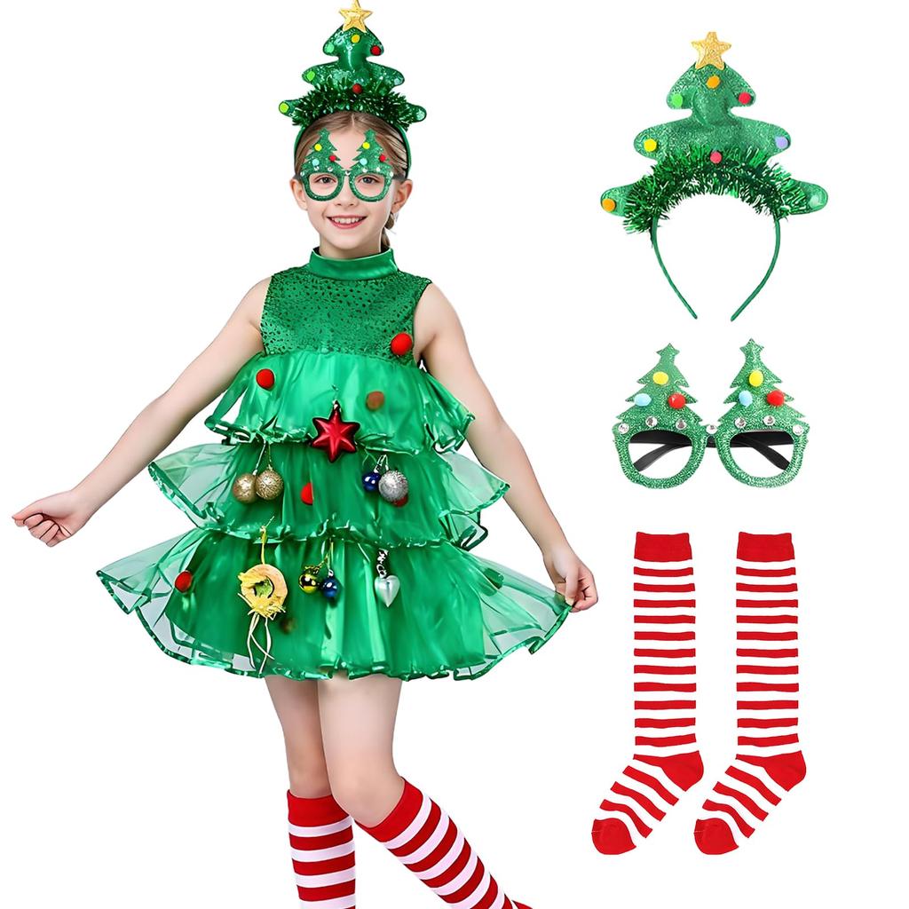 TUAHOUS Christmas Tree Cosplay and Set for Santa Perfect for and Photoshoots Dress, Headband, Socks, Glasses, 4-Piece Girls, Costume, Events, Parties,