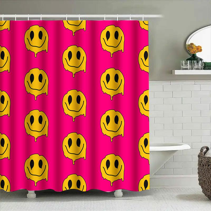 Happy Face Shower Curtain Waterproof Fabric Bold Pink With Smiley Faces Design For Bath Decoration In Bathroom Decorations From