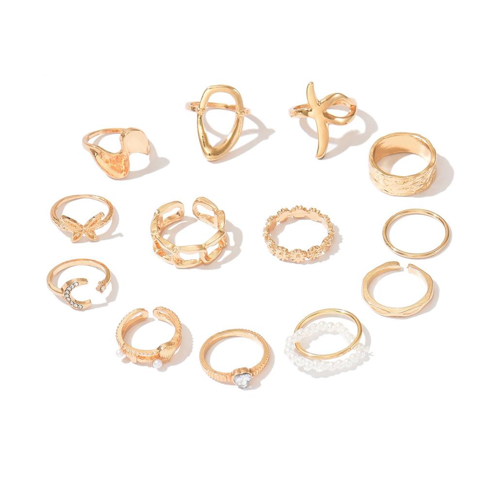European and American Style Ring Exaggerated Butterfly 11 Knuckles Stacked with High-end Love Geometric Star and Moon Ring Female
