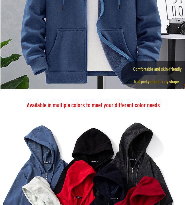 Men's Plus Size Fleece-Lined Zipper Hoodie - Thick, Loose Fit for Autumn and Winter