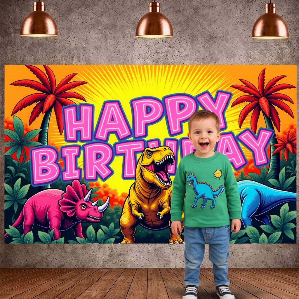 Birthday Party Banner Dinosaur Theme Jurassic Birthday Backdrop Kids Party Banner Vibrant Art For Birthday Photo Booth