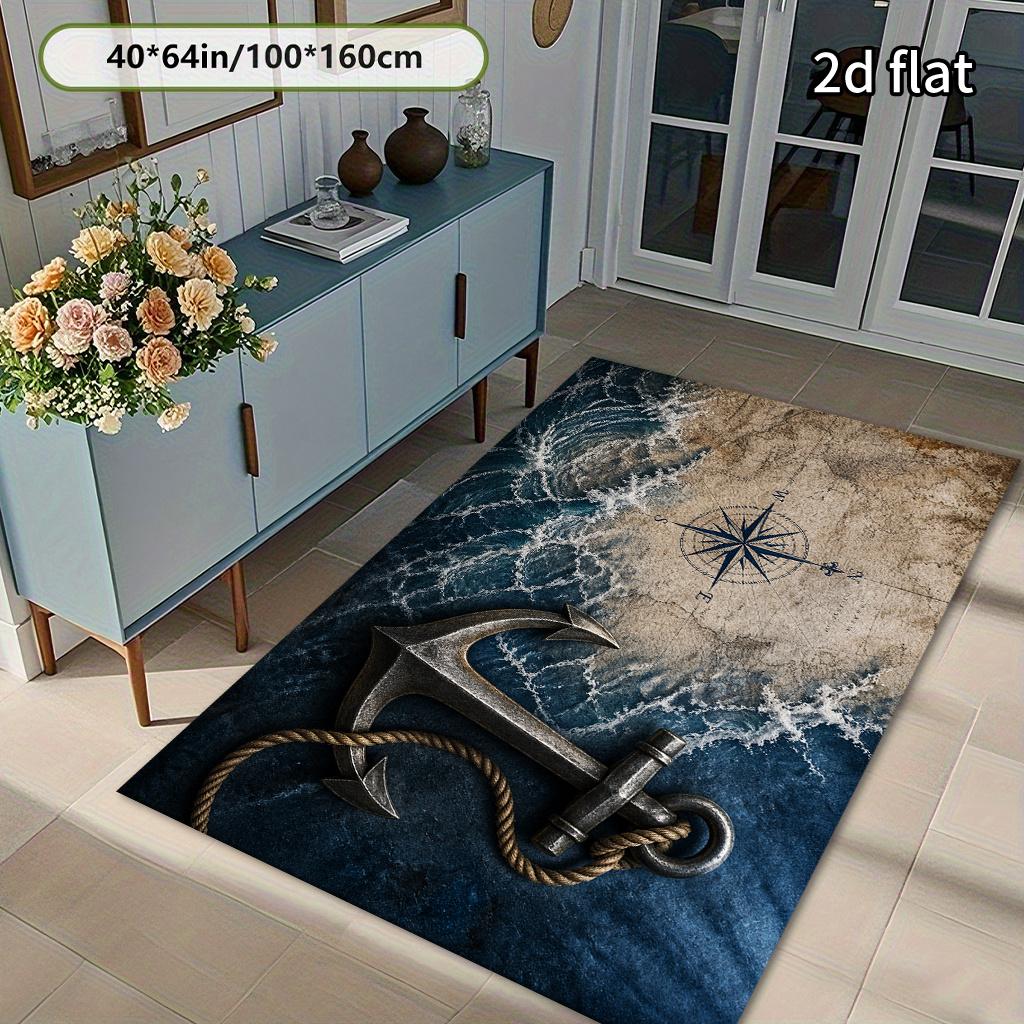1pc Retro Nautical Anchor Pattern Area Rug, Blue‑Grey Maritime Style, Machine‑Washable & Soft, Classic Modern Design, Perfect
