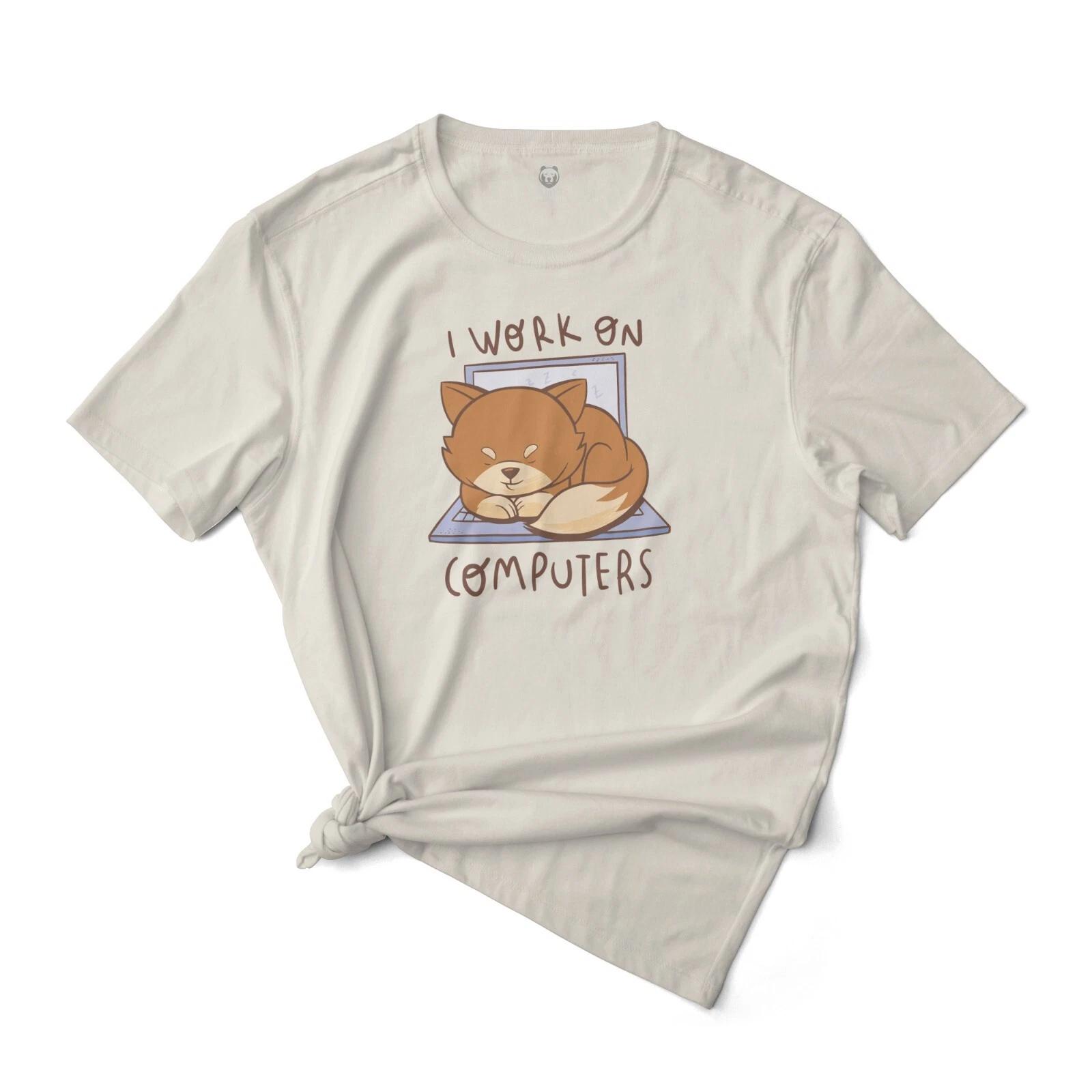 I Work On Computers - Cat On Laptop Cute Graphic T-T-Shirt Unisex 100% Cotton Tee S
