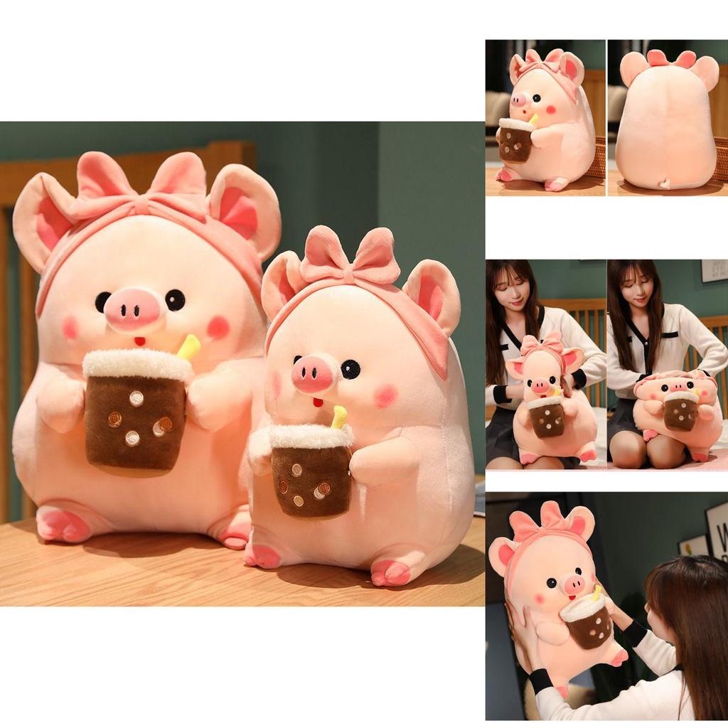 Adorable Milk Tea Pig Pink Pig Plush Toy With Bow Headband