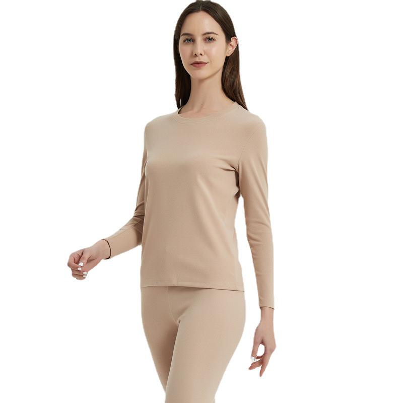 Solid Color Double-Sided Brushed Warm Base Layer Set for Women & Men - Round Neck Top & Pants for Autumn