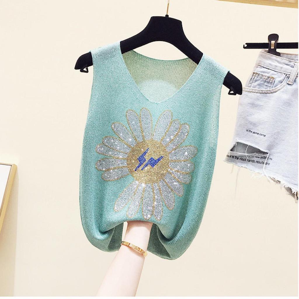 2023 Shiny Silk Sleeveless V-Neck Women's Vest - Spring/Summer New Style, Loose Fit with Hot Diamond Sling Knitted Design