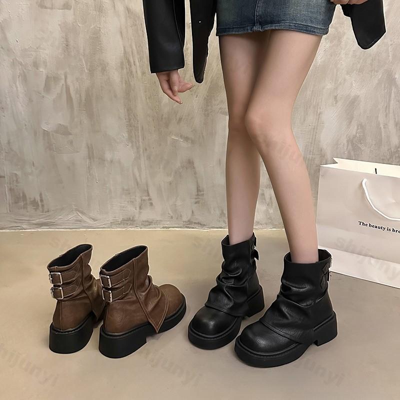 Fashion Autumn Women Boots 2025 Round Toe Chunky Platform Mid Calf Boots Fashion Retro British Style Wedges High Top Boots Botas Mujer