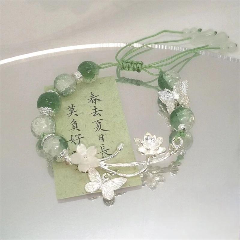 

Chinese Style Lotus Butterfly Beaded Bracelets for Women Fashion Green Bead Handmade Bracelets Exquisite Sweet Zircon Gifts