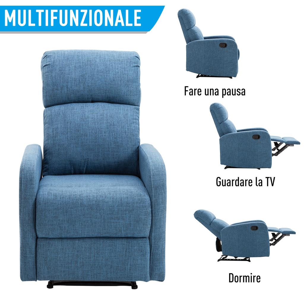 Manual Reclining Relax Armchair with Footrest Capacity 125kg Linen Fabric 67 × 83 × 107cm Blue