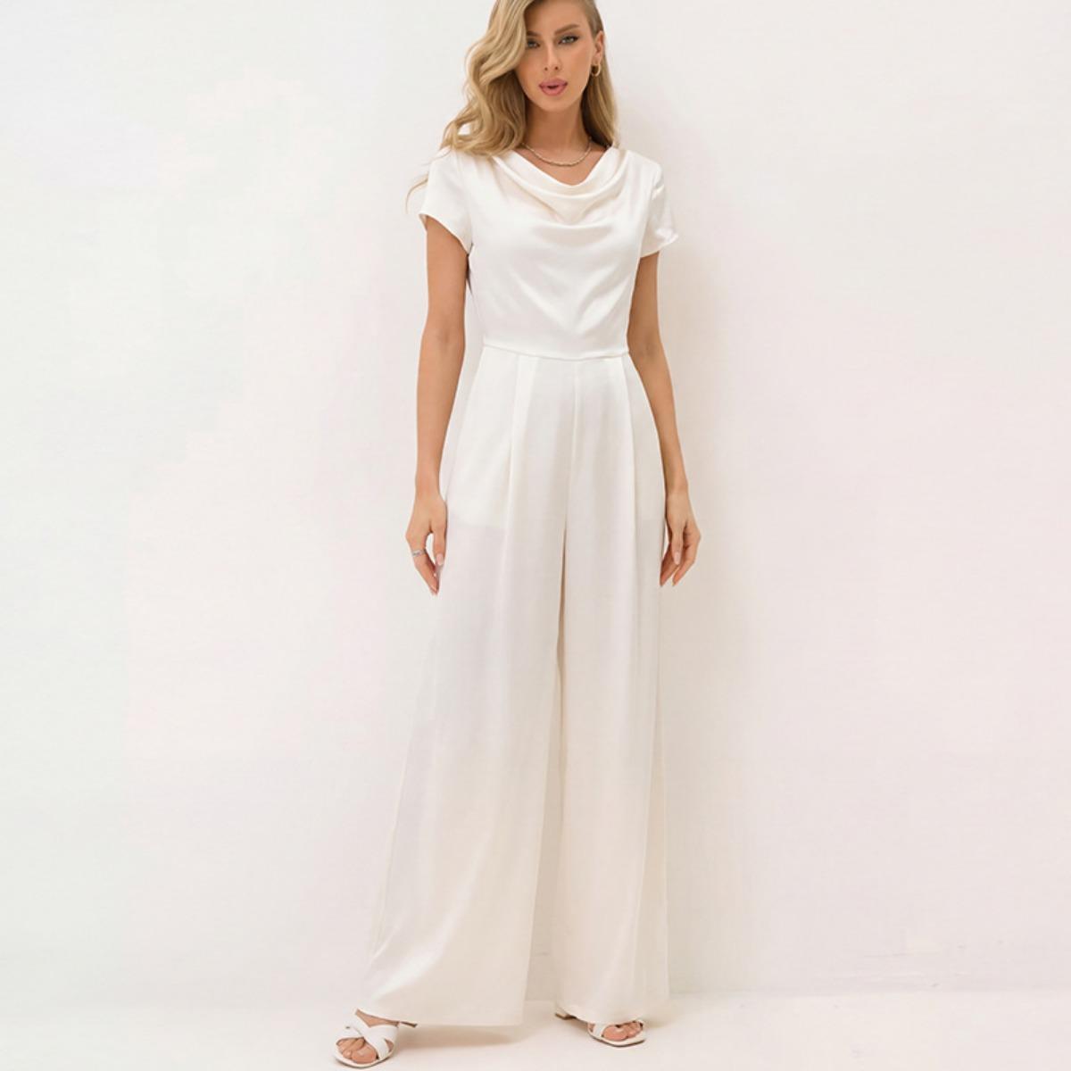 Women s Elegant Satin Wide Leg Jumpsuit, Mock Neck One Piece Outfit For Europe America S
