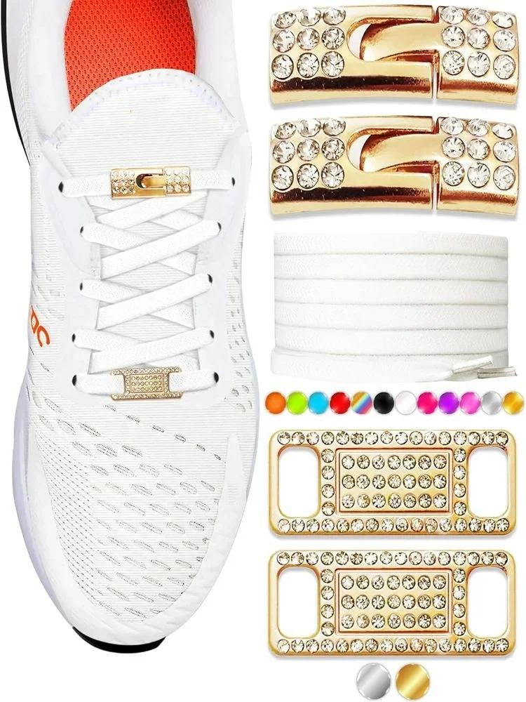 Elastic No Tie Shoe Laces Bling Diamond Cross Locks Shoelace Charms for Women Sneakers Luxury Smart Buckle AF1 Metal Shoelaces