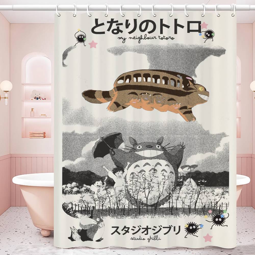 Kawaii T-Totoros Pattern Bathroom Shower Curtain Bathroom Partition Curtain Light Opaque Waterproof Material Bathroom