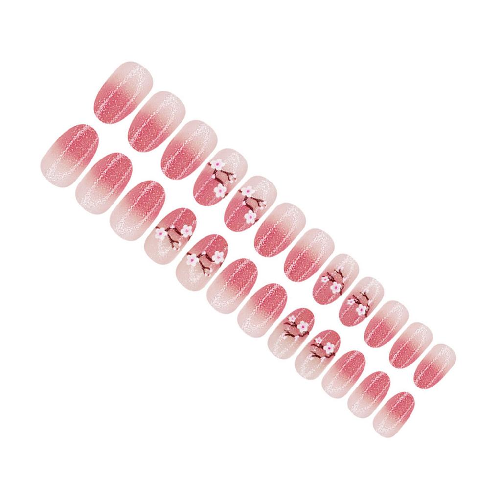 24 Stück Pfirsichblüten Falsche Nägel Einfache Künstliche Nägel Glitzernde Vollabdeckung Aufklebenägel Kurze Runde Aufdrücknägel