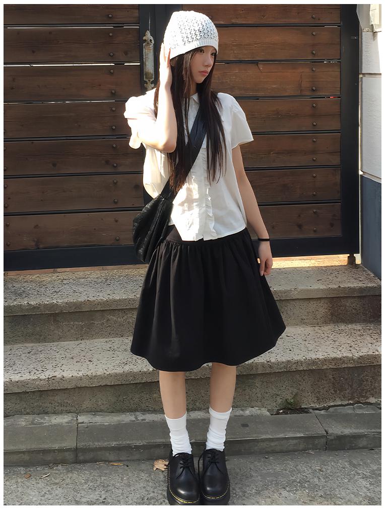 Navy Blue Japanese-Style A-Line Midi Skirt for Women - Summer 2025, High-Waisted, Casual Versatile College Style