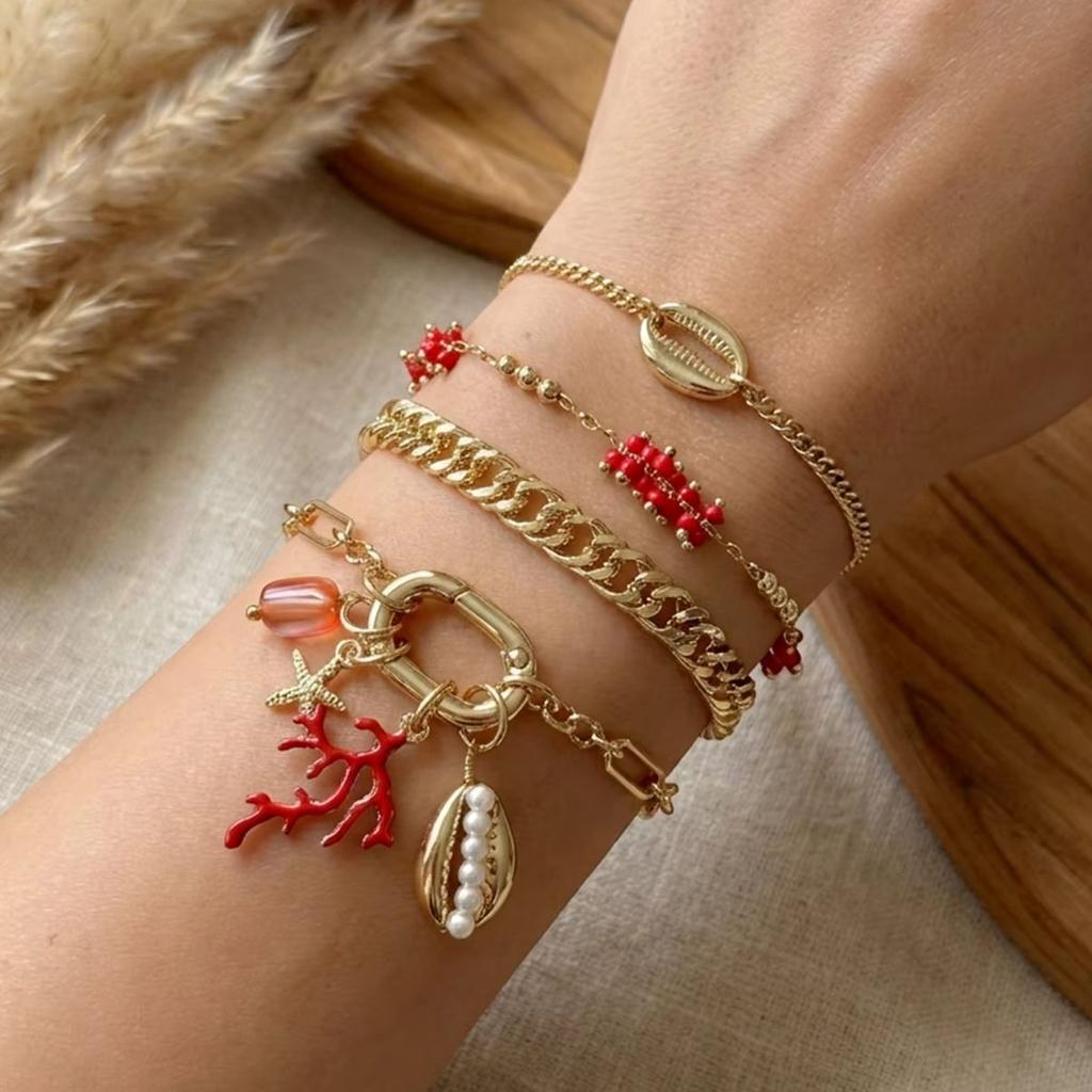 Boho Multilayer Stacked Bracelets Set For Women Ocean Red Coral Starfish Shell Beaded Metal Chain Bangles Summer Beach Jewelry