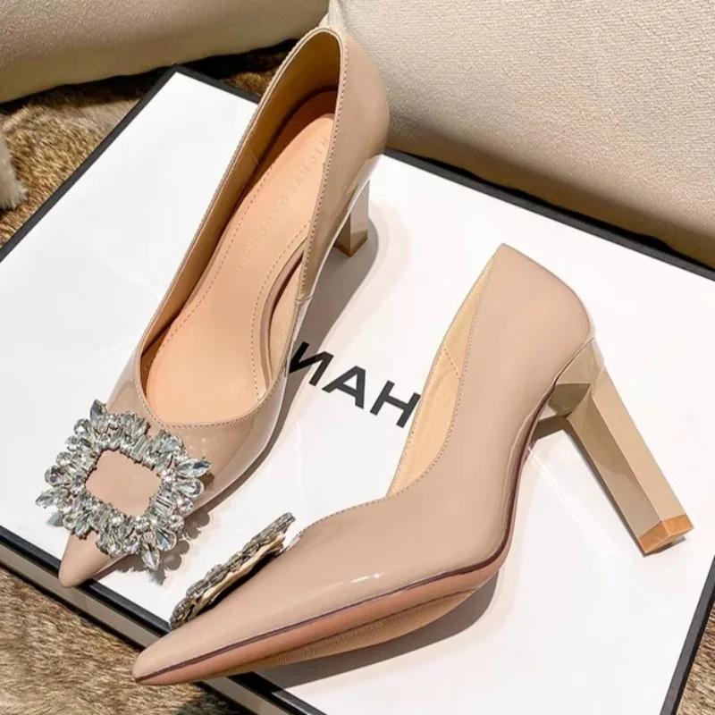 

Модная женская обувь на тонком каблуке, весенняя новинка, остроносая, с мелким вырезом, с блестящей пряжкой, водонепроницаемая, противоскользящая, износостойкая, на высоком каблуке 39