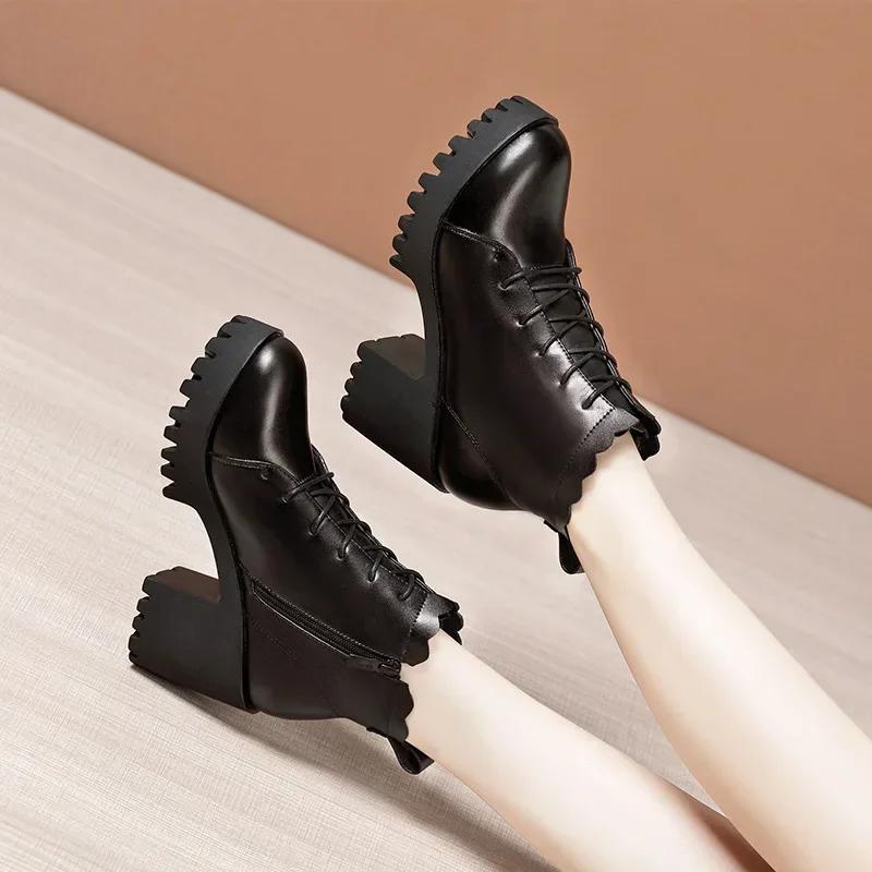 8cm Small Size 32-43 New Soft Leather Boots Platform Shoes Fall Winter 2025 Block High Heels Short Fur Ankle Boots Office Mom