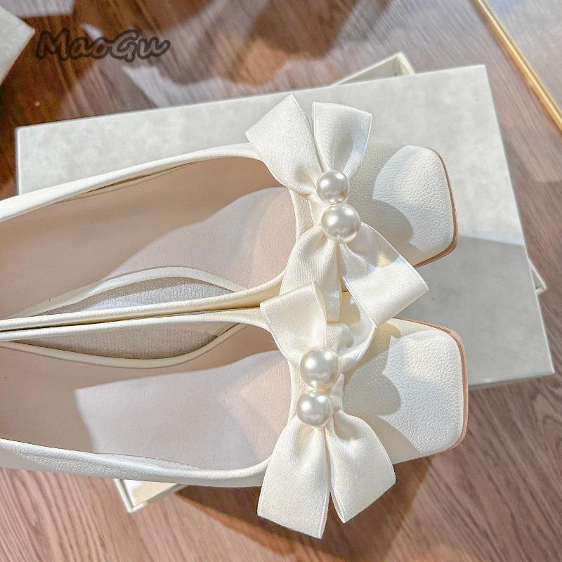 Elegant Women's Mid Heel Pumps Beige PU Leather White Pearl Bowknot Chunky Heeled Shoes for Ladies Bride Pumps Zapatos De Mujer