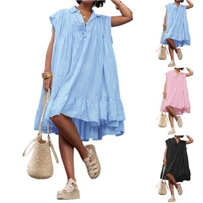 Women’s Casual V Neck Button Front Loose Fit Plus Size Sleeveless Tank Dress with Ruffle Hem for Everyday Wear