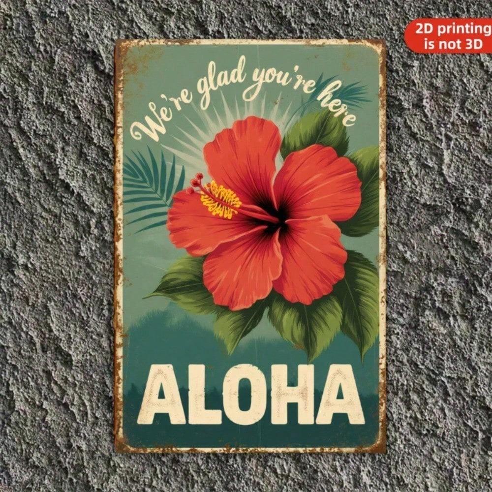 Vintage Aloha Red Hibiscus Metal Sign Tropical Beach House Wall Art Retro Hawaiian Garden Decor Indoor Outdoor