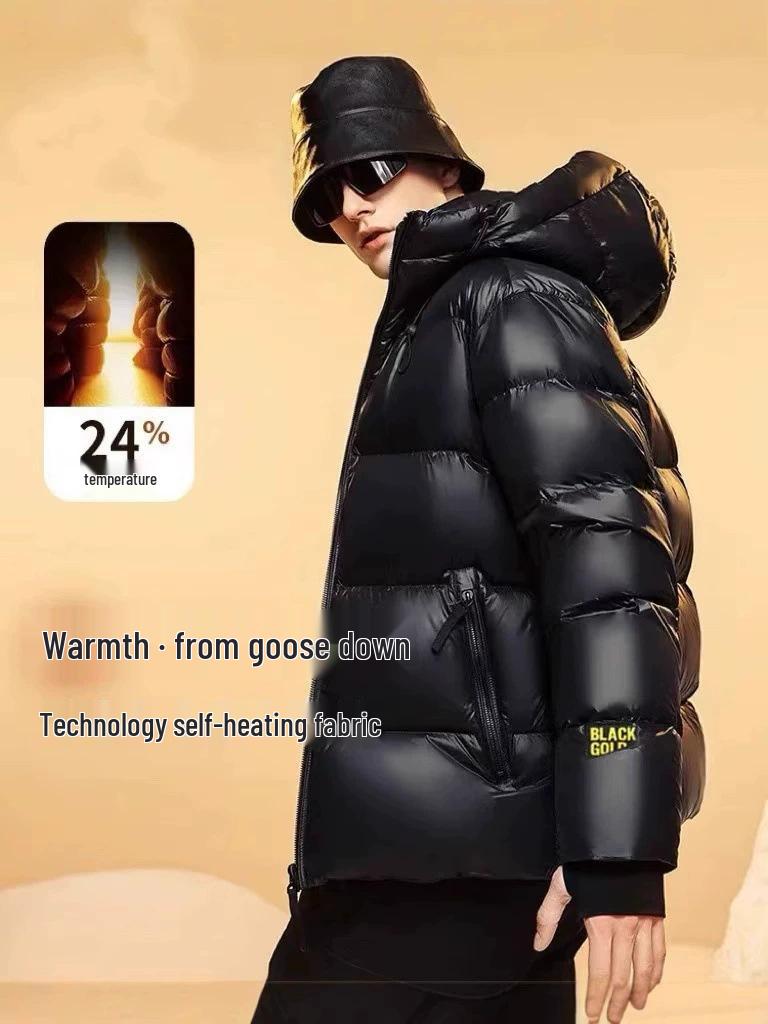 Unisex Schwarz Gold Kapuzen Daunenjacke - Trendig, Verdickt, Übergröße, Kurz für Herbst/Winter