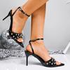 Sexy Pointed Toe Stiletto Heeled Sandals Women Fashion Rivet Decor High Heel Dress Party Shoes Woman Ankle Strap Black Sandalias