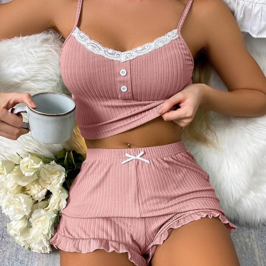 European & American Sexy Lace Pajama Set - Casual Summer Camisole with Ruffle Shorts