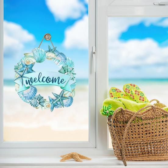 Welcome Summer Sign Shells Starfish Wall Hanging Wreath Farmhouse Coastal Beach Wooden Round Door Hanger for Front Door Porch Courtyard Decor