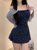 [Practice] French Blue Floral Suspender Dress Women's Summer Small Vacation Waist A-word Skirt