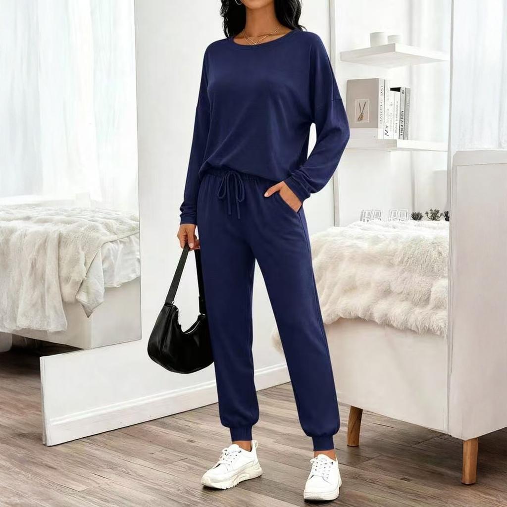 Damen Zweiteiler Langarm-Oberteil und Hose mit Kordelzug Lässiges Lounge-Outfit Weicher Stoff Lockere Passform für den täglichen Gebrauch