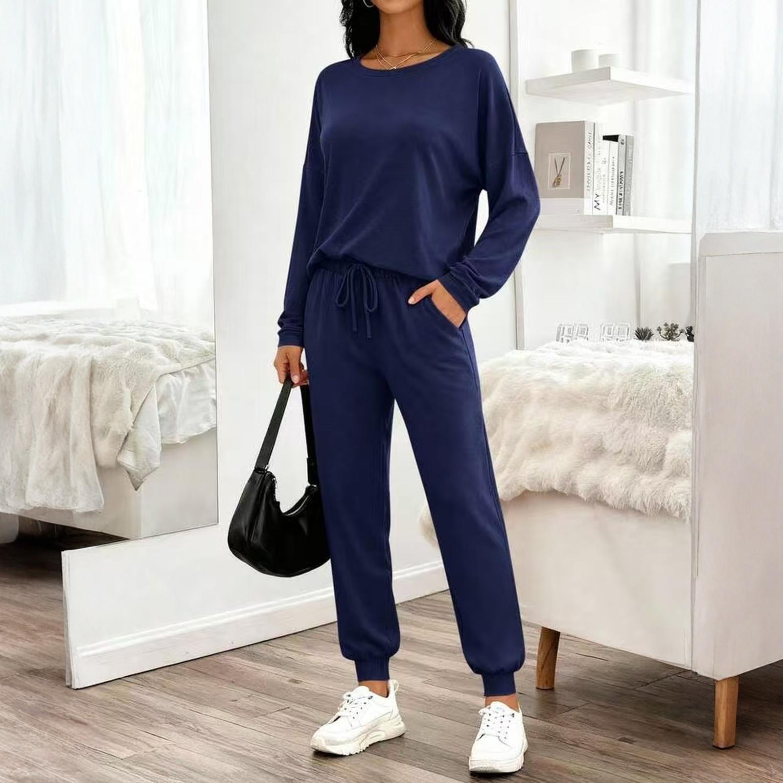 

Fashion Women s Casual Suit Long Sleeved Casual Wide Leg Pants Set L Темно-синій