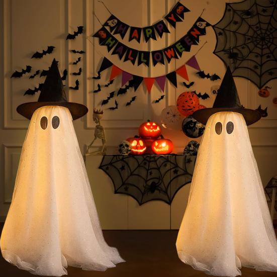 Halloween Outdoor Standing Ghost Decoration Light Up Spooky Ghost with Witch Hat