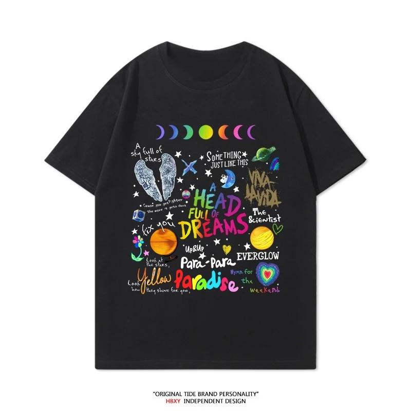 New men's and women's tour short-sleeved clothing, trendy rock T-shirt 2025 summer Coldplay Band pure cotton T-shirt