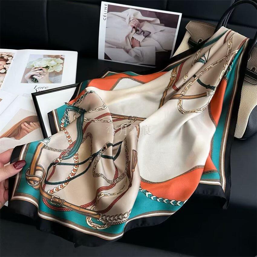 Luxury Horse Belt Print Silk Square Scarf Women Hijab Hair Bands Neckerchief Female Satin Shawl Ribbon Headband Fashion Bandana