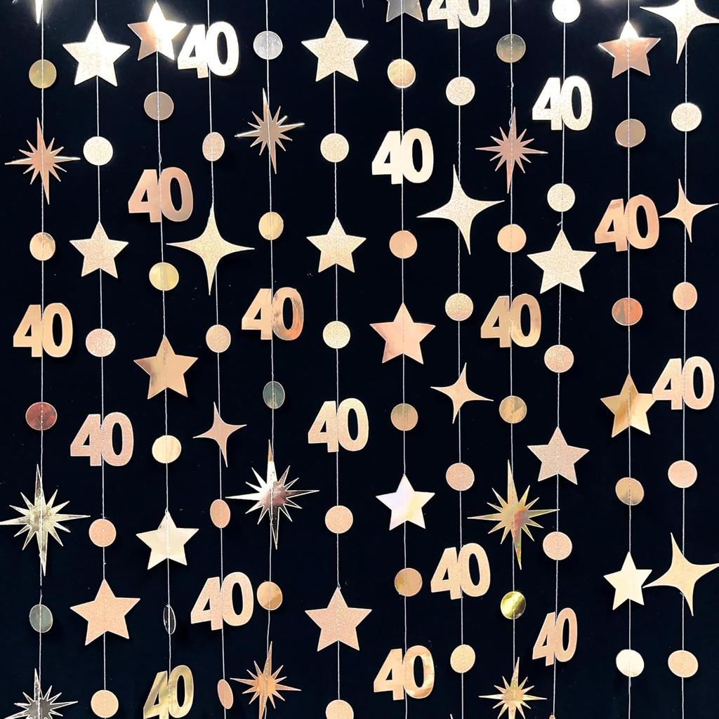 Champagne Gold 40th Birthday Decorations Number 40 Circle Dot Twinkle Star Garland Streamer Banner Backdrop for Women Mens Cheers To 40 Years Old