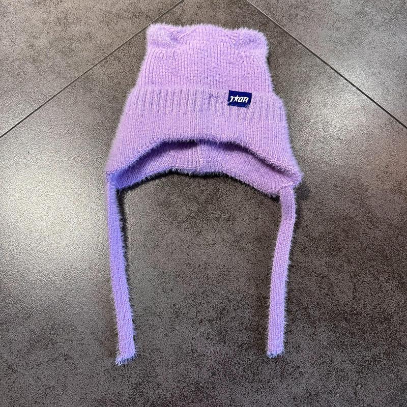 Candy Colored Sweet Cat Ear Shaped Women Warm Knitted Hat With Ear Protection