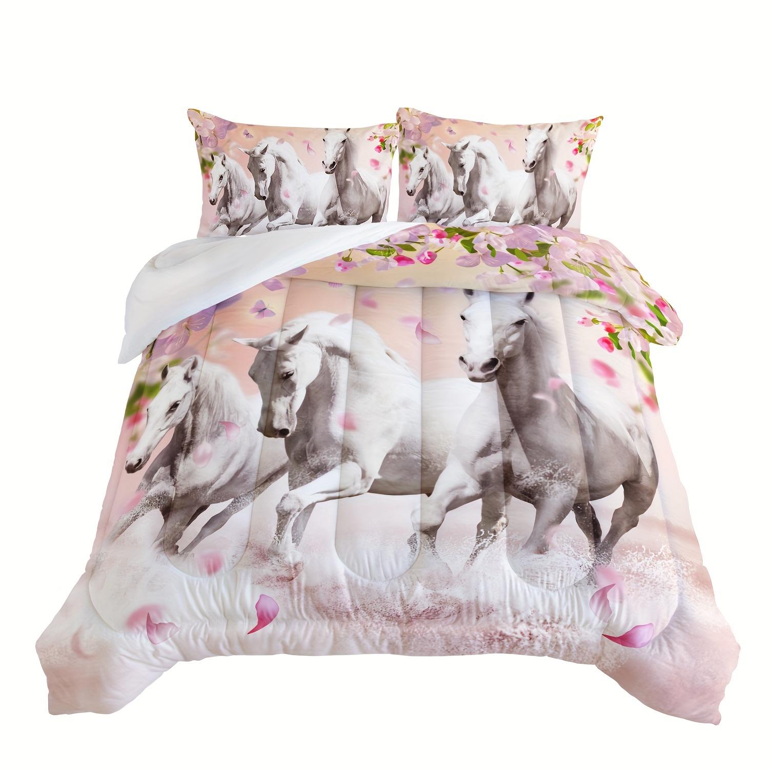 

3pcs Modern Fashion Bedding Set (1*Quilt Cover + 2*Pillowcase Without Core) Pink Floral Running Horse 3D Print Bedding Set EU Twin(135x200cm)