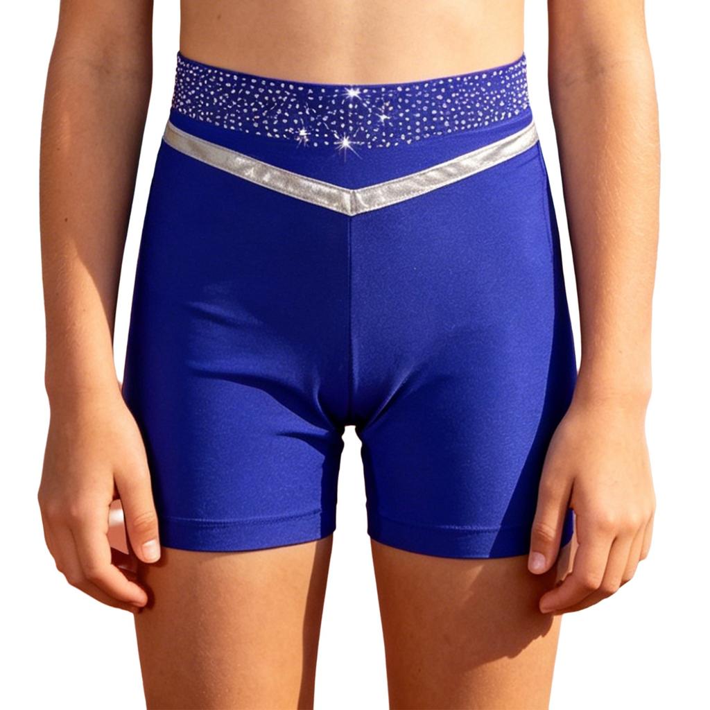 Girls Gymnastics Dance Shorts Metallic Trim Shiny Rhinestones Elastic Waistband Bottoms