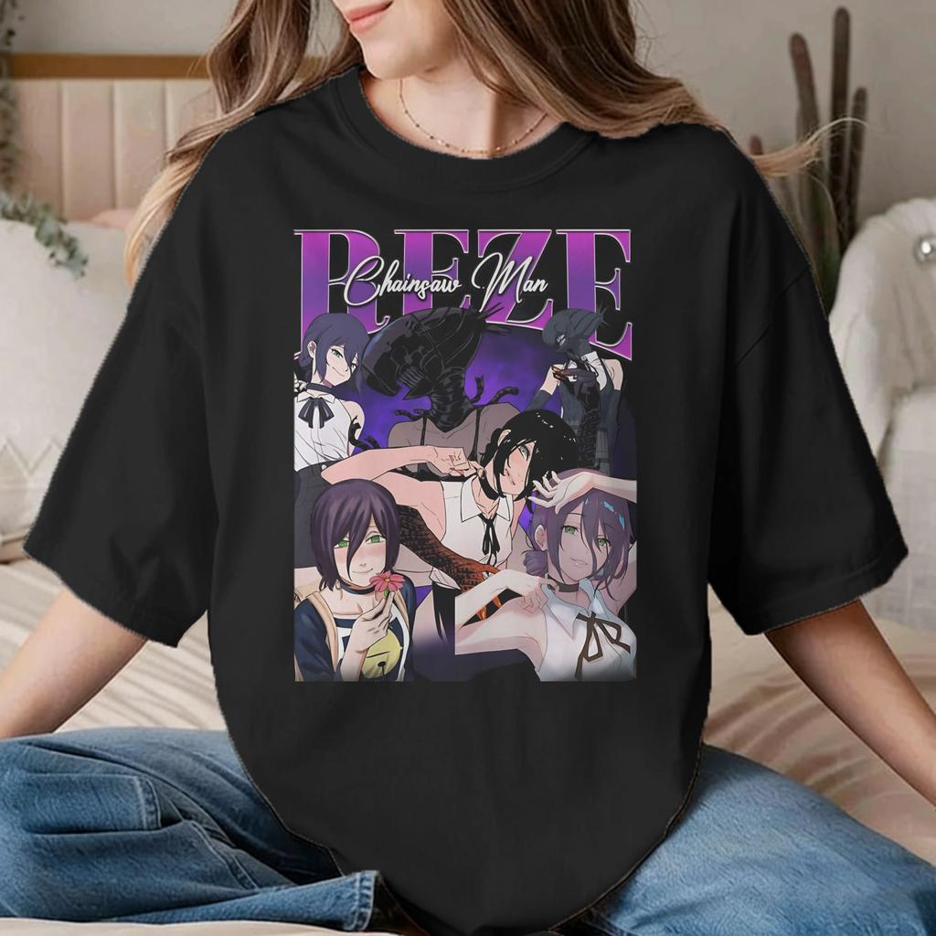 Vintage Chainsawunisexs Anime Tshirts Unisex Unisex Crew Neck Cotton T Shirt Reze Short Sleeve Tees Graphic Printed Clothing