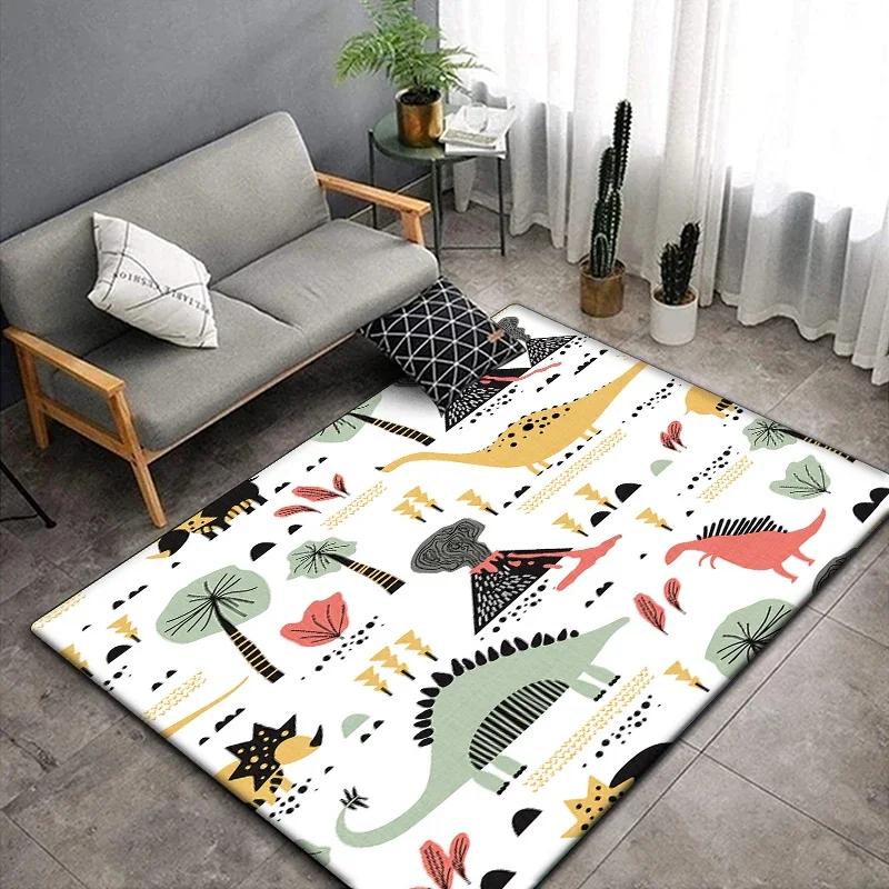 1 pieza Alfombra linda con estampado de dinosaurio de dibujos animados para sala de estar, dormitorio, alfombra para gatear para niños resistente a las arrugas, alfombra de suelo antideslizante