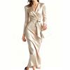 European and American New Satin V-neck Long-sleeved Waist Dress, Female Elegance Temperament Commuter Dress Dress